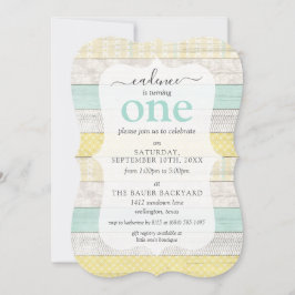 ミント&イエロー素朴コテージカスタムエージ誕生日 招待状