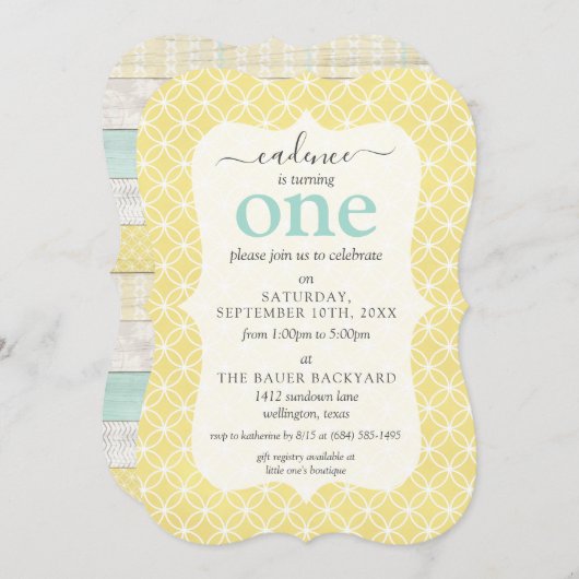 ミント&イエロー素朴コテージカスタムエージ誕生日 招待状 (正面/裏面)