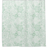 ミント – グリーンと白のレトロな花と蝶 シャワーカーテン (正面)