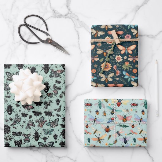 ミント・グリーンの虫や昆虫は、オレンジやピンを生む ラッピングペーパーシート (正面)