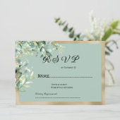 ミント グリーン ユーカリ オリーブ リーフとゴールドの装飾がある田舎風の結婚式RSVP 招待状 (スタンド正面)