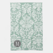 ミント&グレーダマスクパターンカスタムモノグラム キッチンタオル (縦)