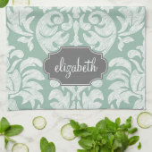 ミント&グレーダマスクパターン名前をカスタムする キッチンタオル (折り畳み)