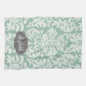 ミント&グレーダマスクパターン名前をカスタムする キッチンタオル (横)