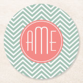 ミント&コーラルシェブロンカスタムズモノグラム ラウンドペーパーコースター (正面)