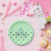 ミント&ゴールドフォイル水玉模様モノグラム誕生日 ペーパープレート (パーティー)