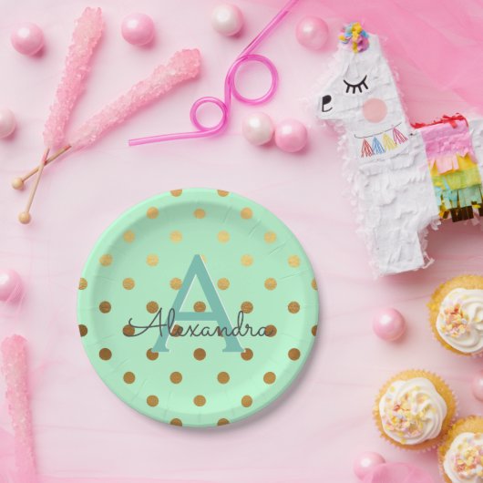 ミント&ゴールドフォイル水玉模様モノグラム誕生日 ペーパープレート (パーティー)