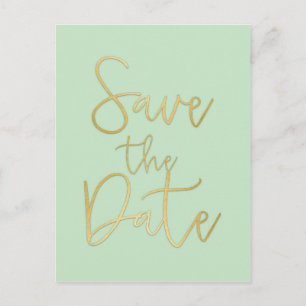 ミント＆ゴールド SAVE THE DATE 現代的なスクリプトのポストカード 案内ポストカード