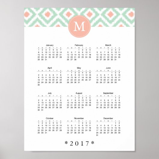 ミント&サンゴイカットパターン2017カレンダー ポスター (正面)