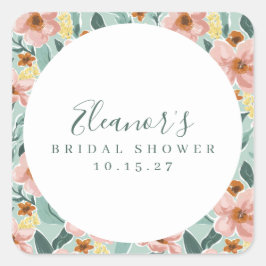 ミント サージュ ピンク フラワースクリプト ブライダルシャワー カスタム スクエアシール