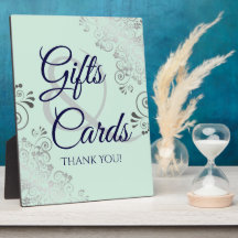 ミント、シルバー、ネイビーのウェディングギフト&カードサイン