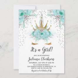 ミント、シルバー&金ゴールドユニコーンプリンセスベビーシャワー 招待状