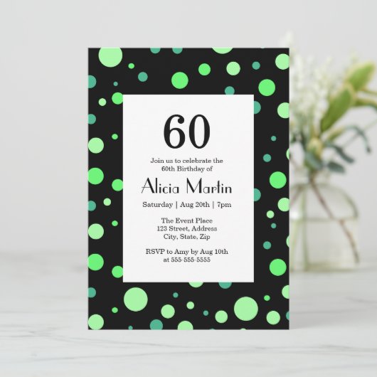 ミント&ジェイドグリーン水玉模様ブラック60誕生日 招待状 (スタンド正面)
