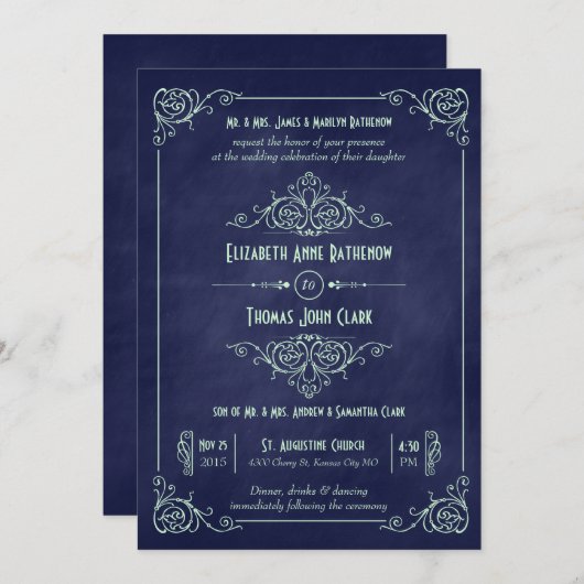 ミント&ネイビーブルーシャルボードアールデコ 招待状 (正面/裏面)