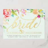 ミント |バラ&金ゴールドダイヤモンドリングや輪ブライダルシャワー 箔招待状 (正面)