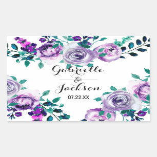 ミント&パープルフローラ水の色結婚のモノグラム 長方形シール