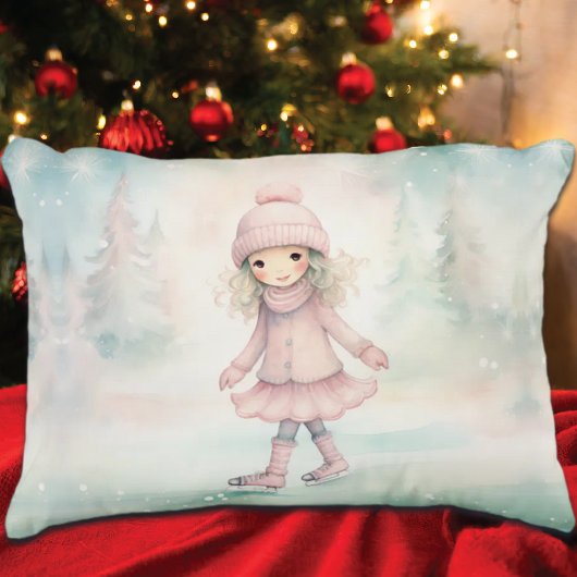 ミント&ピンクウィンターシーンガールスケートで滑る アクセントクッション