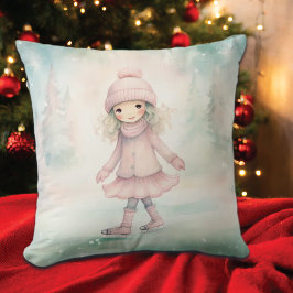 ミント&ピンクウィンターシーンガールスケートで滑る クッション