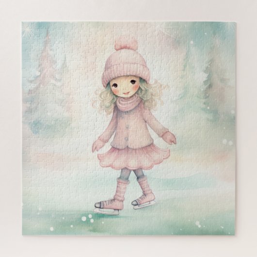 ミント&ピンクウィンターシーンガールスケートで滑る ジグソーパズル (縦)