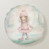 ミント&ピンクウィンターシーンガールスケートで滑る ラウンドクッション (裏面)