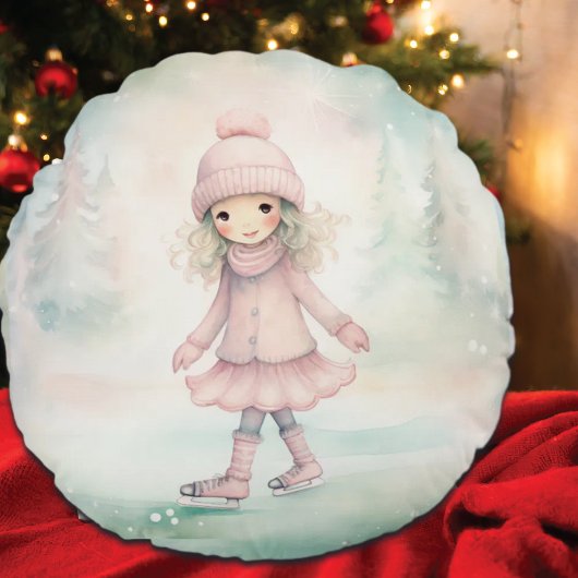 ミント&ピンクウィンターシーンガールスケートで滑る ラウンドクッション