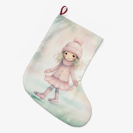 ミント&ピンクウィンターシーンガールスケートで滑る ラージクリスマスストッキング