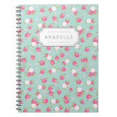 ミント&ピンクシックヴィンテージフローラプリントモノグラム ノートブック (正面)