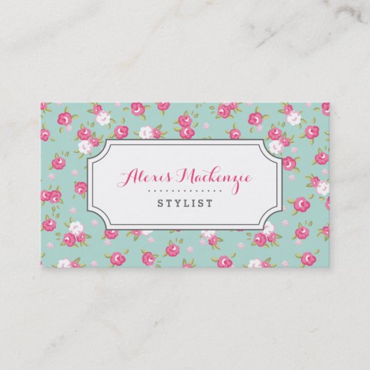 ミント&ピンクシックヴィンテージフローラプリント 名刺 (正面)