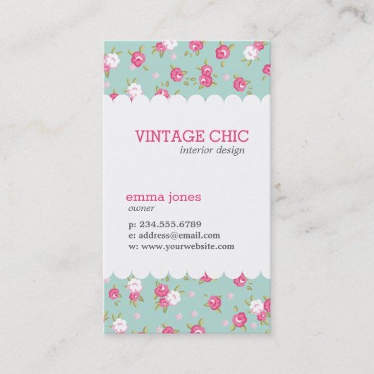 ミント&ピンクシックヴィンテージフローラプリント 名刺 (正面)