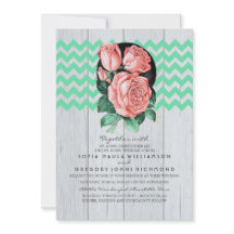 ミント&ピンクシック素朴結婚式招待状
