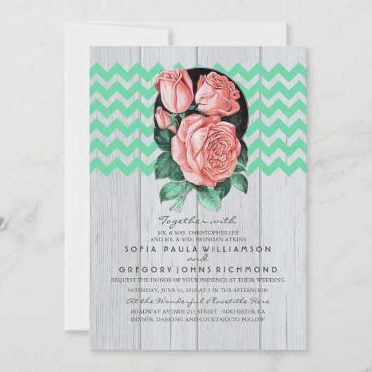 ミント&ピンクシック素朴結婚式招待状 招待状 (正面)