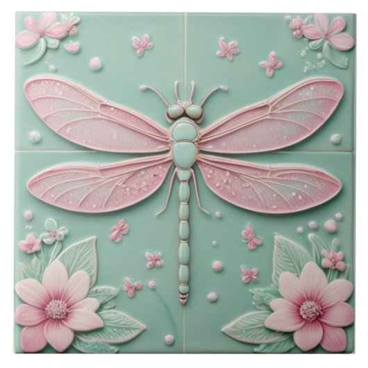 ミント&ピンクトンボと花ガーリーフローラ タイル (正面)