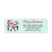 ミント&ピンクメリークリスマスアイススケートで滑るペンギン ラベル (正面)