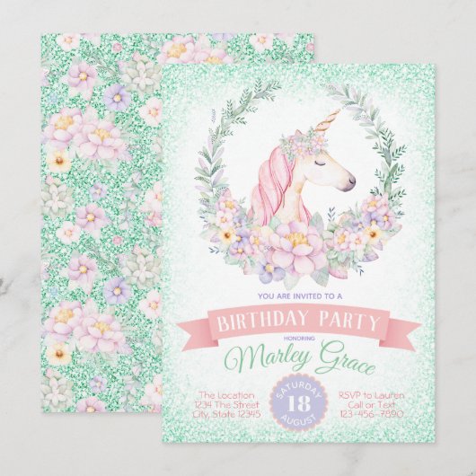 ミント ピンク かわいい ユニコーン 誕生日パーティー インビテーション (正面/裏面)
