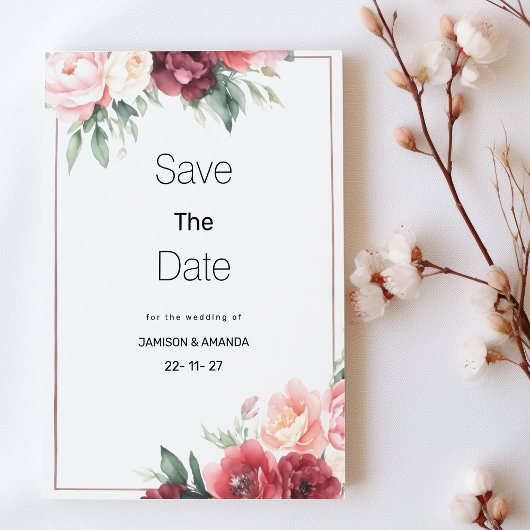 ミント ピンク バーガンディ 水彩 花柄 Save The Date 招待状