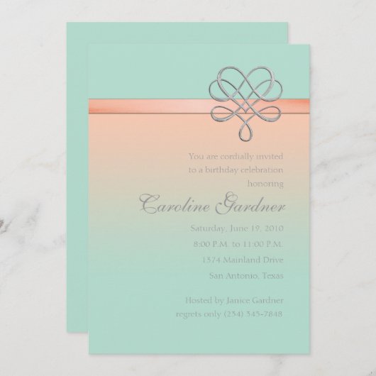 ミント&ピーチ装飾リボン 招待状 (正面/裏面)
