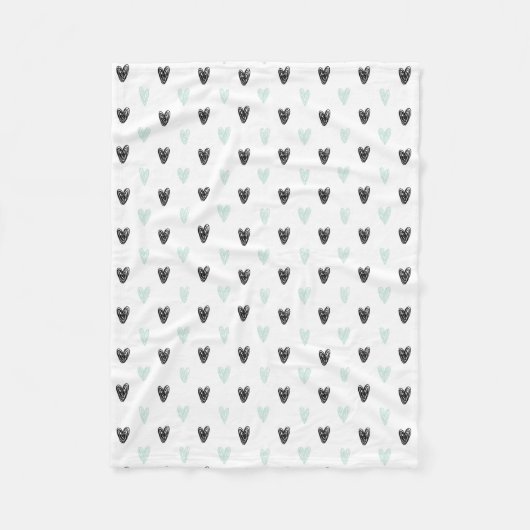 ミント&ブラックハートドードルズパターンブランケット フリースブランケット (正面)