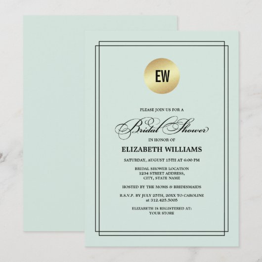 ミント | ブラック エレガント ミニマル ブライダル シャワー 招待状 (正面/裏面)