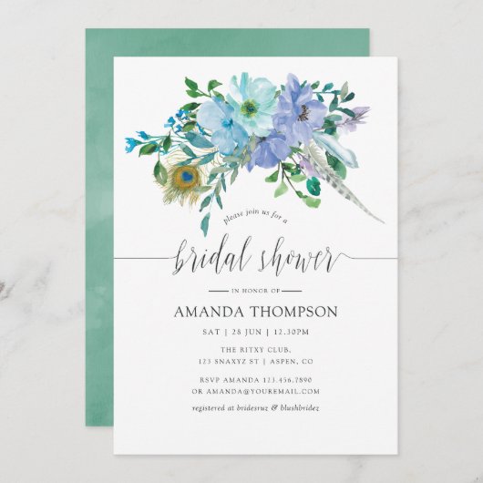 ミント&ブルーウォーターカラーボホフローラブライダルシャワー 招待状 (正面/裏面)
