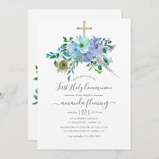 ミント&ブルーウォーターカラーボホフローラ聖餐式 招待状 (正面/裏面)