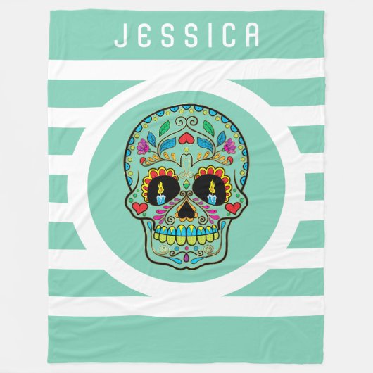 ミント&ホワイトストライプフローラ砂糖スカル フリースブランケット (正面)
