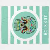 ミント&ホワイトストライプフローラ砂糖スカル フリースブランケット (正面(横))