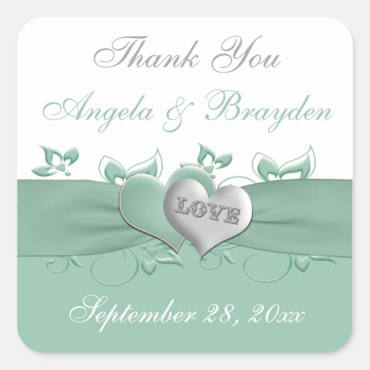 ミント、ホワイトフローラハート結婚式の引き出物シール スクエアシール (正面)
