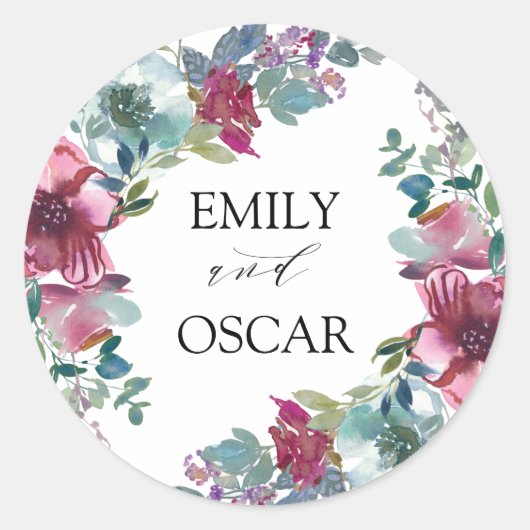 ミント&マウブウォーターカラーフローラ結婚ズ ラウンドシール (正面)