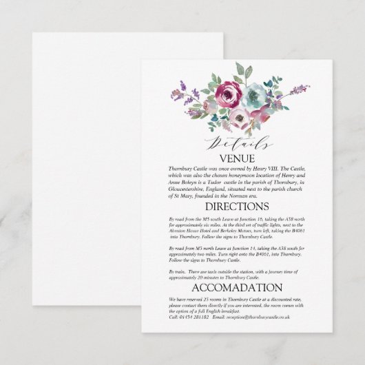 ミント＆モーブの花の結婚式の詳細 エンクロージャーカード (正面/裏面)