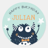 ミント |リトルモンスターパーソナライズされた子供の誕生日 ラウンドシール (正面)