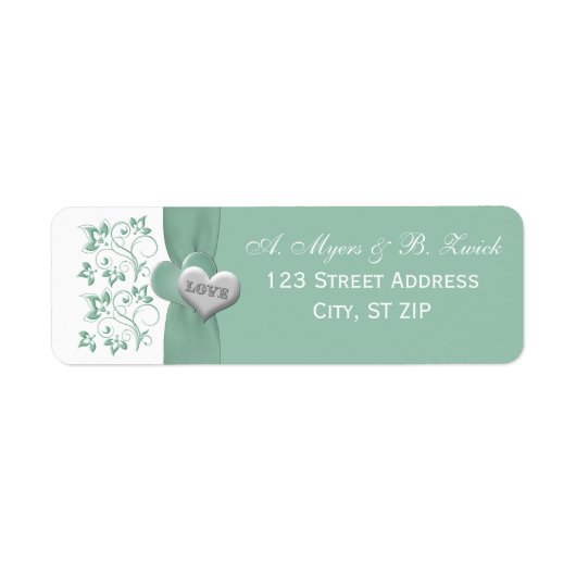 ミント、白フローラ印刷リボン戻りラベル ラベル (正面)