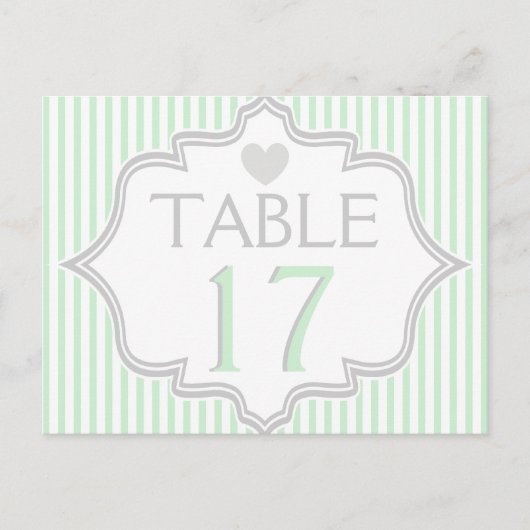 ミント、白、グレーストライプの結婚テーブル番号 ポストカード (正面)