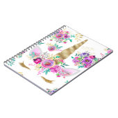 ミント、紫色、金ゴールドの花柄のユニコーン ノートブック (左側)