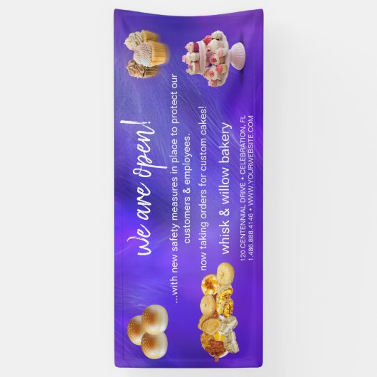 ミント&金ゴールドウィスクベーカリービジネスリオープニングパープル 横断幕 (縦)